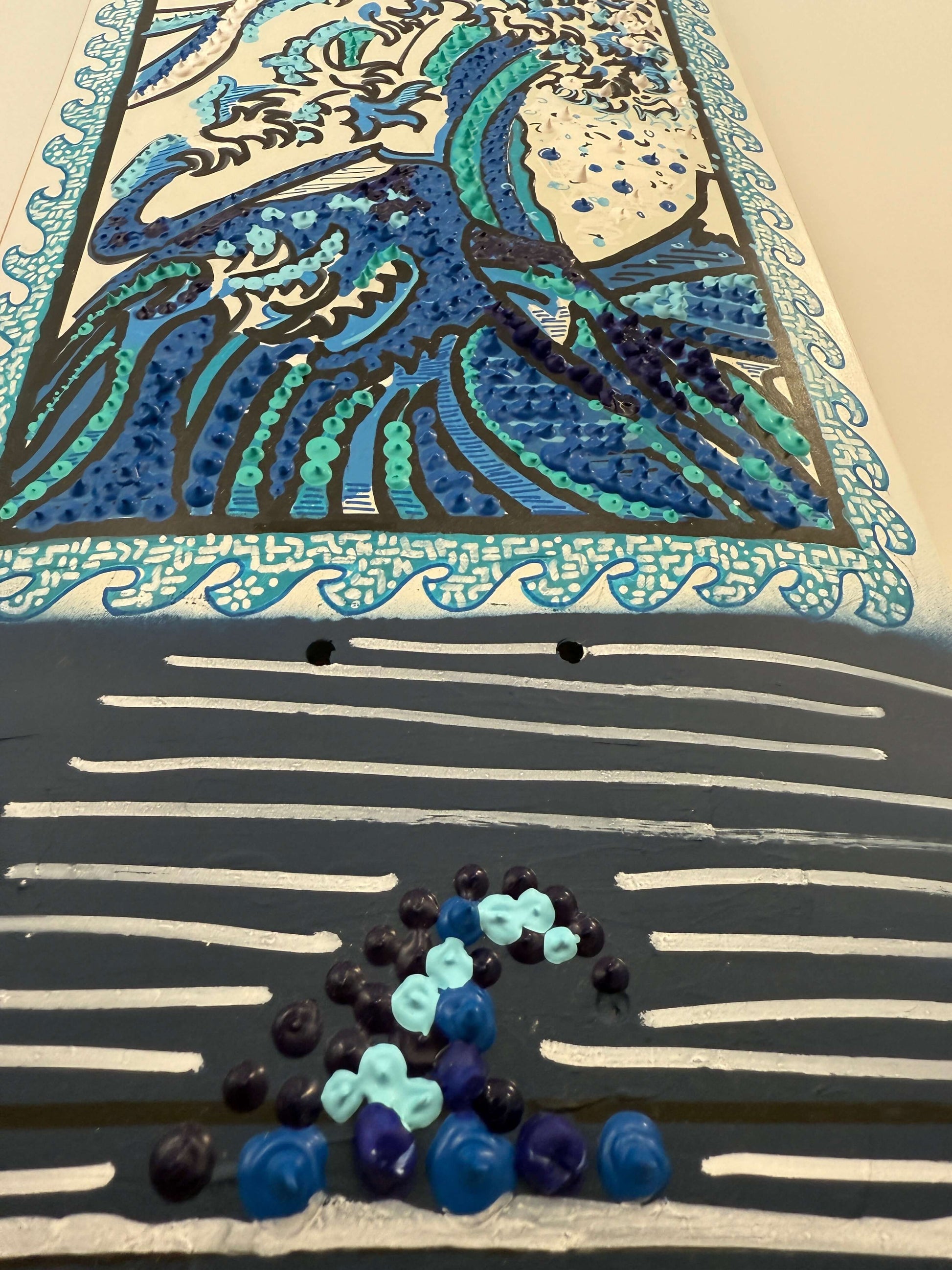 Handpainted OG Kanagawa homenage #3 Deck 2023 by SWELLŌ with wave design and vibrant colors.