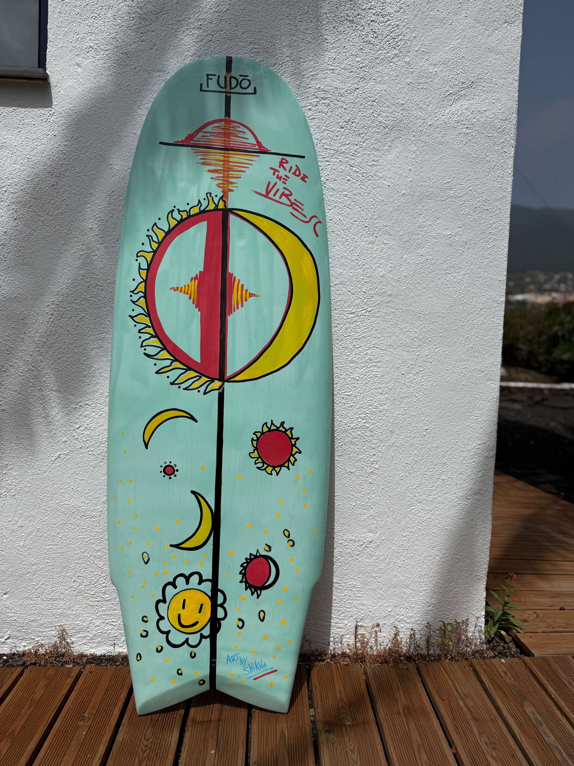OG Wenzel MiniSimmons Surfboard by SWELLŌ hand-painted with vibrant designs and colorful artwork.