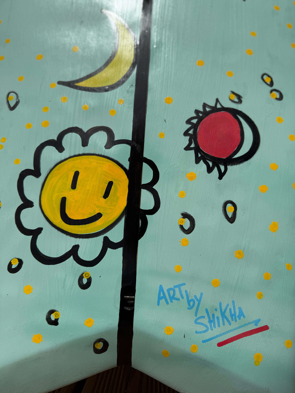 Art details of OG Wenzel MiniSimmons Surfboard by SWELLŌ, featuring vibrant hand-painted elements by Shikha.